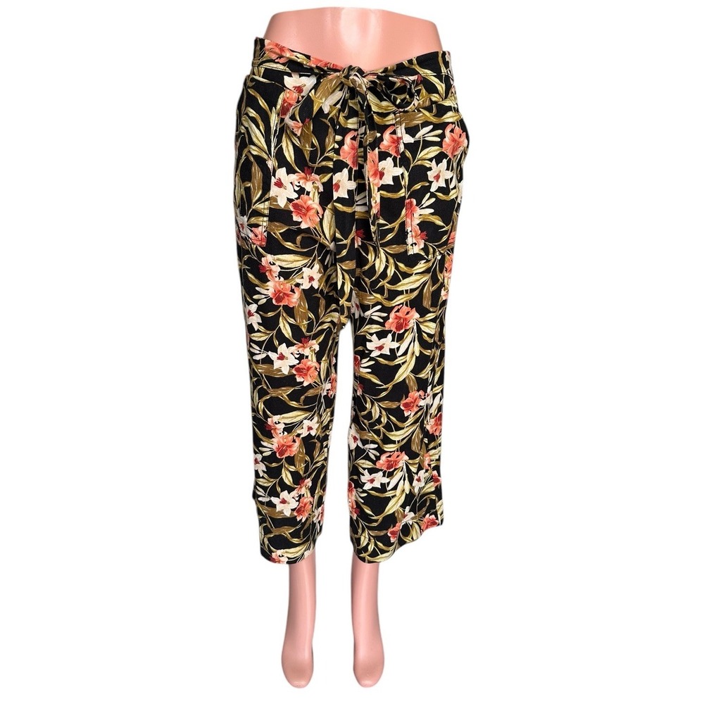 NWT Kensie Linen Blend Floral Wide Leg Pants Cropped‎ Tropical Vacay Womens SZ L